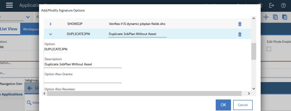 Signature option configuration in Application Designer for the Duplicate JobPlan Without Asset action