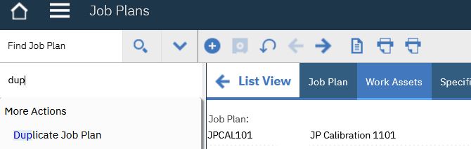 Security Group configuration showing the custom Duplicate JobPlan Without Asset permission granted