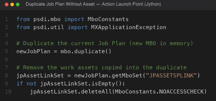 Code sample showing the Maximo job plan duplication logic without work assets